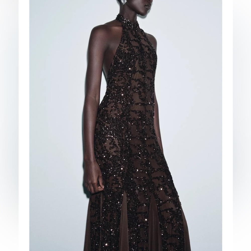 NWT Zara Elegant Brown Sequin Halter Dress - Picture 2 of 10